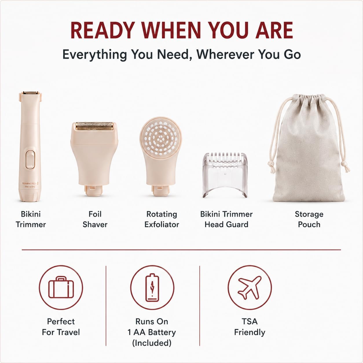 Remington Smooth & Silky Body & Bikini Kit. Cordless Bikini Trimmer and Shaver for Women. Waterproof for Grooming in the Shower. Beige - Image 7
