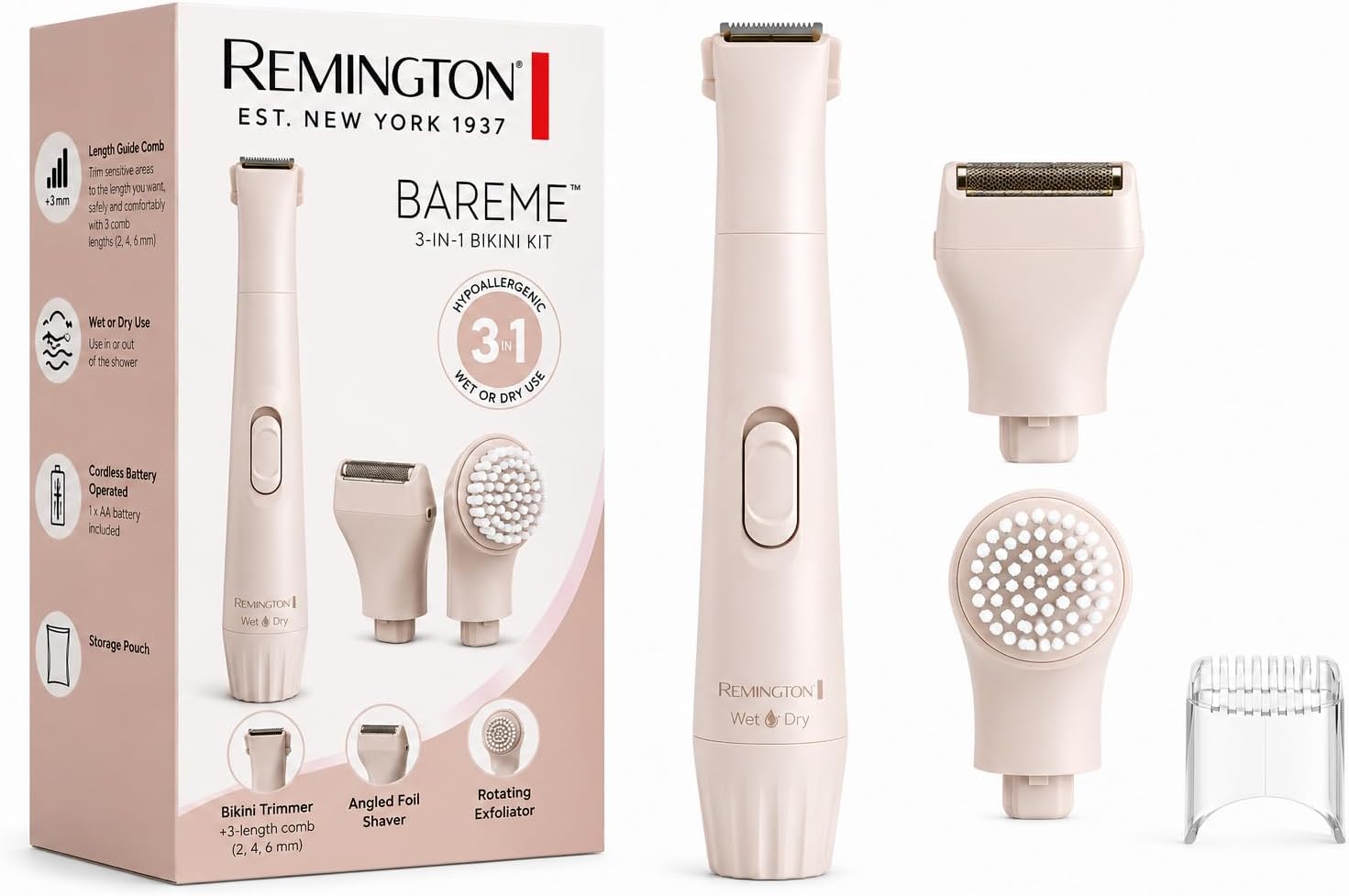Remington Smooth & Silky Body & Bikini Kit. Cordless Bikini Trimmer and Shaver for Women. Waterproof for Grooming in the Shower. Beige